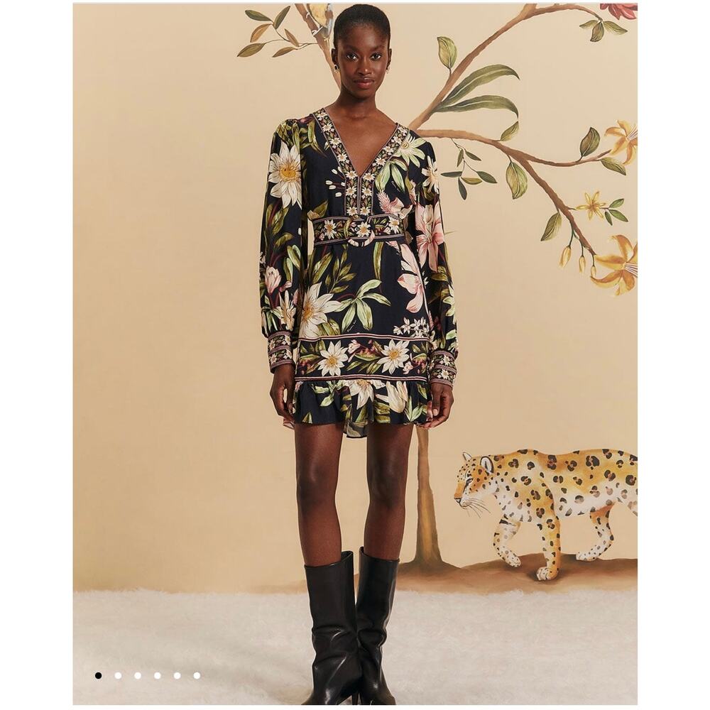 Farm Rio Black Surreal Flowers Long Sleeve Mini Dress size small (New) - Picture 3 of 7